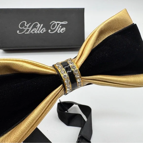 Men's PU Leather Bow Tie With Black & Gold Hardware With Crystal Stones - Picture 6 of 11